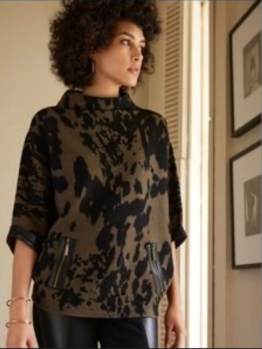 Joseph Ribkoff Olive & Black Abstract Funnel Neck Sweater